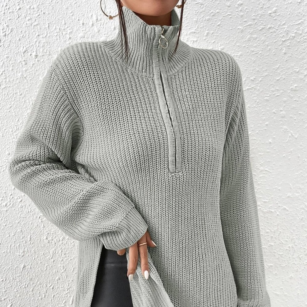 Grey Casual Womens Half Zip Split Hem Drop Shoulder Sweater - Picture 5 of 5